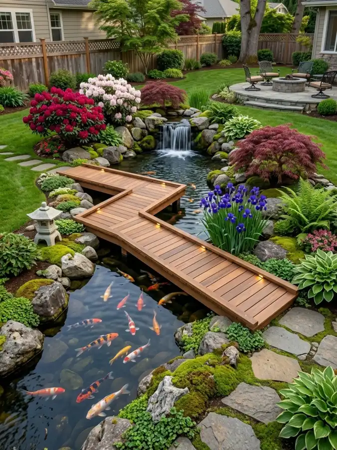 Japanese garden with a small wooden bridge over a pond, curved stone edging, green shrubs, and red flowers