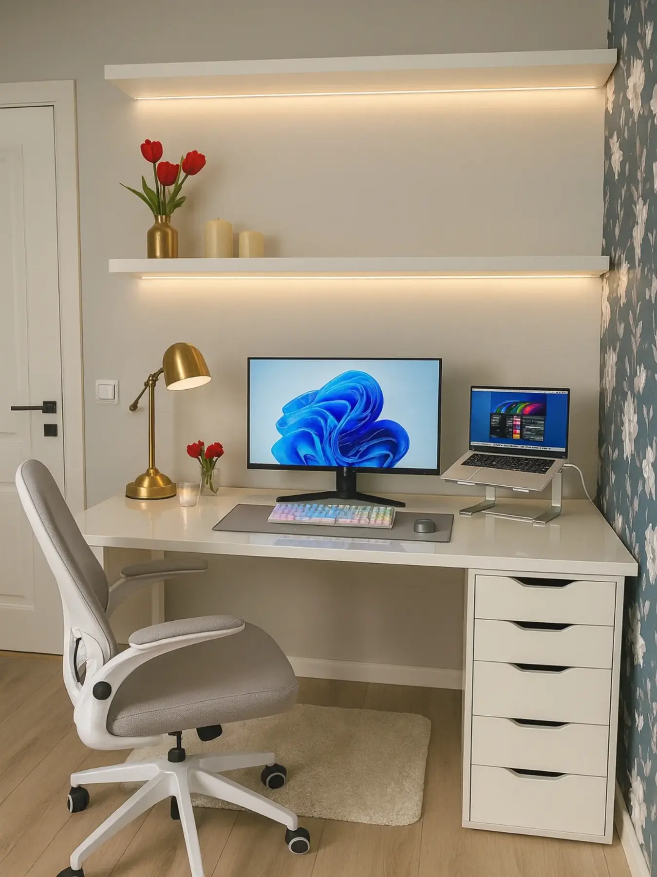 Neutral dorm desk with monitor, laptop, keyboard, floating shelves, and minimal decor