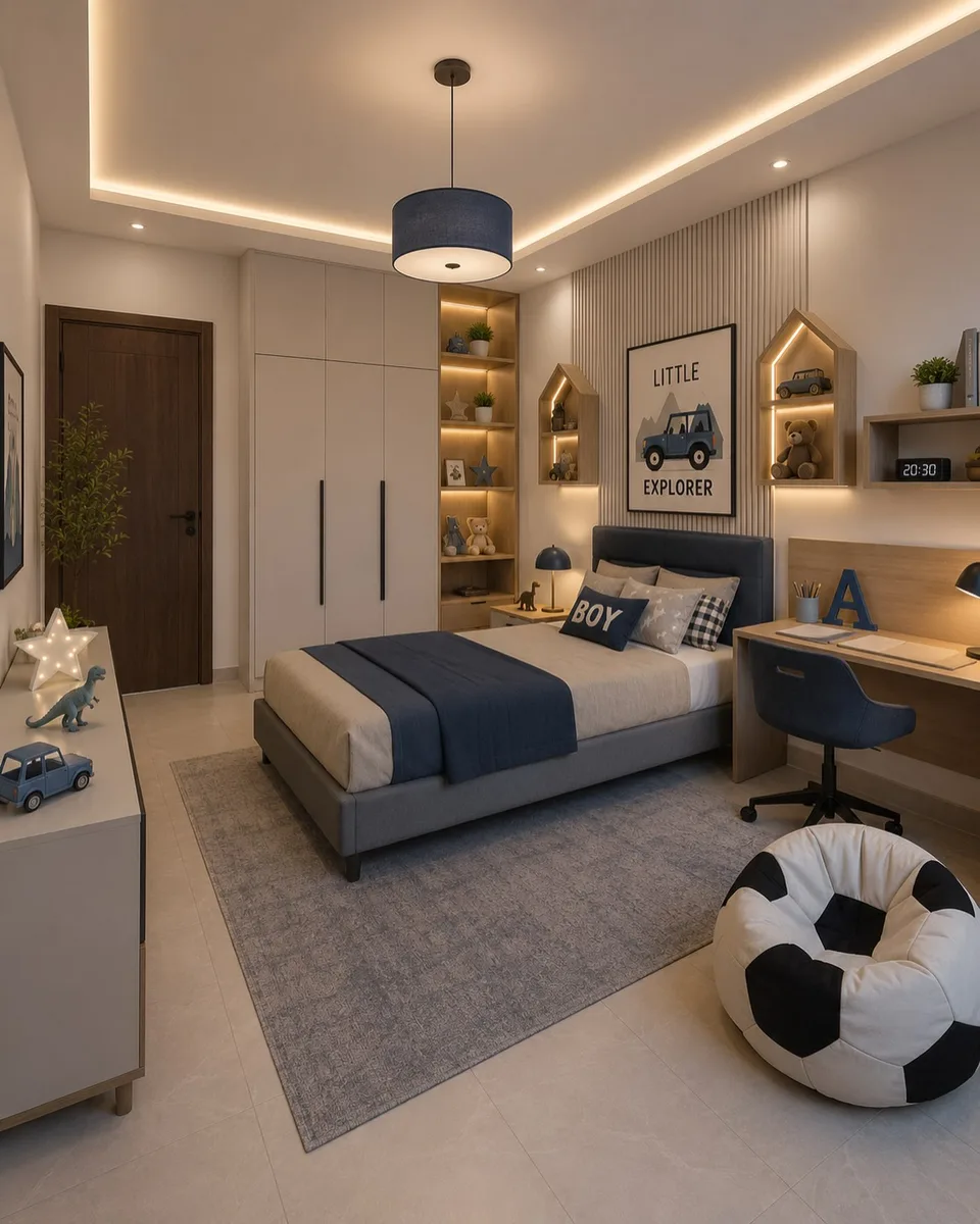 Modern dorm room with layered lighting, a study desk, illuminated shelving, and soft ceiling lights