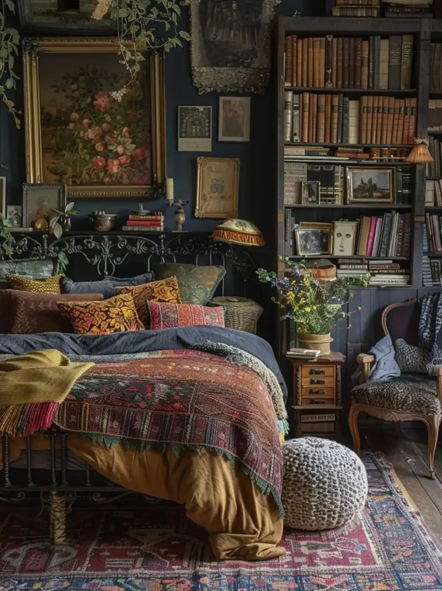 Dark eclectic bedroom with a tall bookcase, vintage framed art, mustard and rust bedding, layered throws, plants, and dark wood