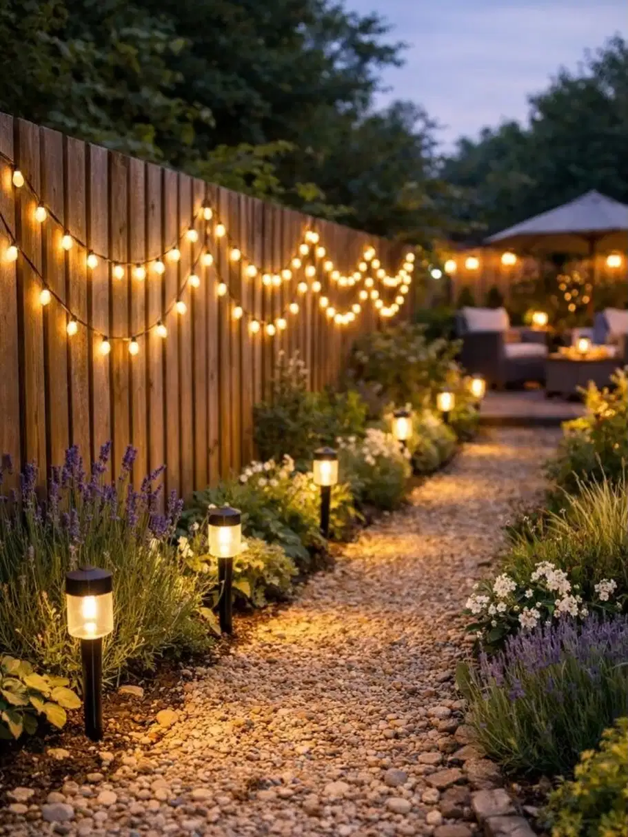 Outdoor string lights running along a fence beside a gravel path with ground lights