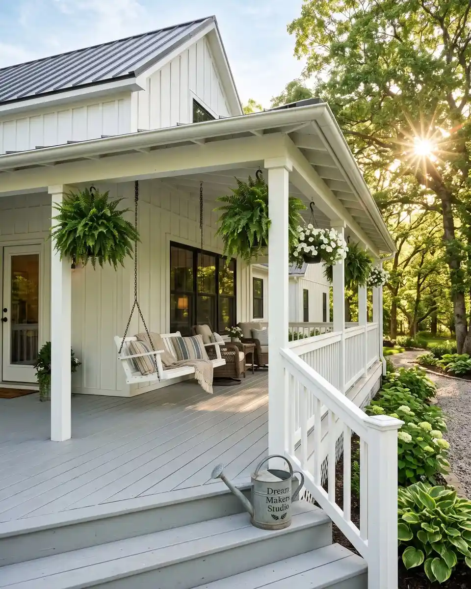 Bright covered porch with white railing, pale outdoor furniture, hanging plants, and open steps