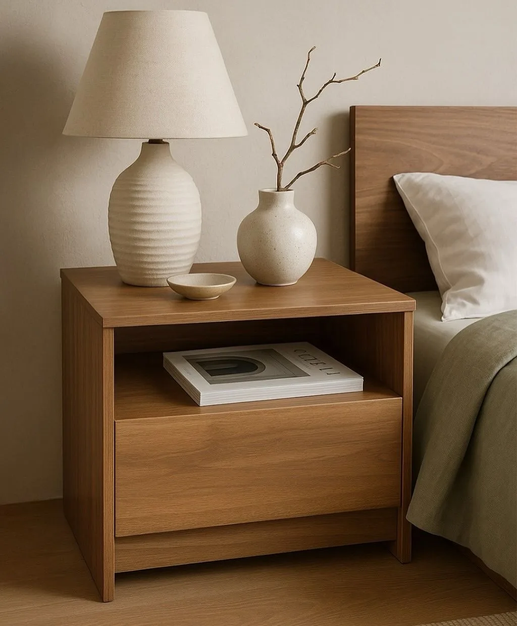 Warm wood nightstand with white ribbed lamp, small vase with bare branch, shallow dish, and book