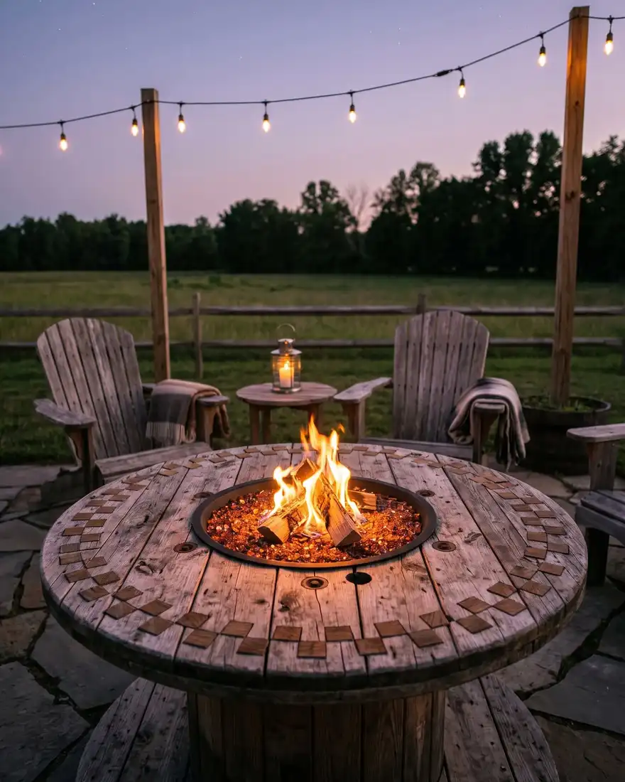 Stone backyard fire pit with wooden chairs, string lights, and an open natural landscape