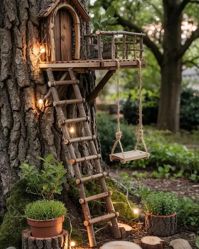 Fairy treehouse with a ladder, raised miniature house, and tiny swing built around a tree