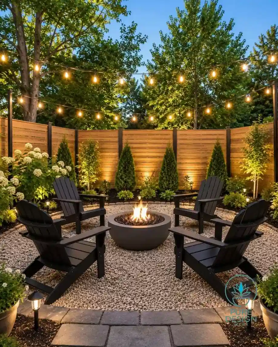 Outdoor string lights outlining a wooden fence around a patio with chairs and a fire pit