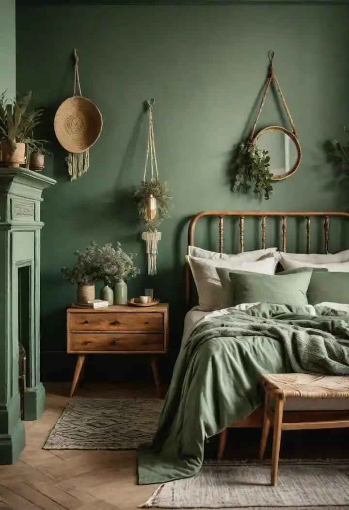 Dusty green bedroom with sage bedding, white pillows, black metal bed frame, warm wood furniture, hanging basket, and round mirror