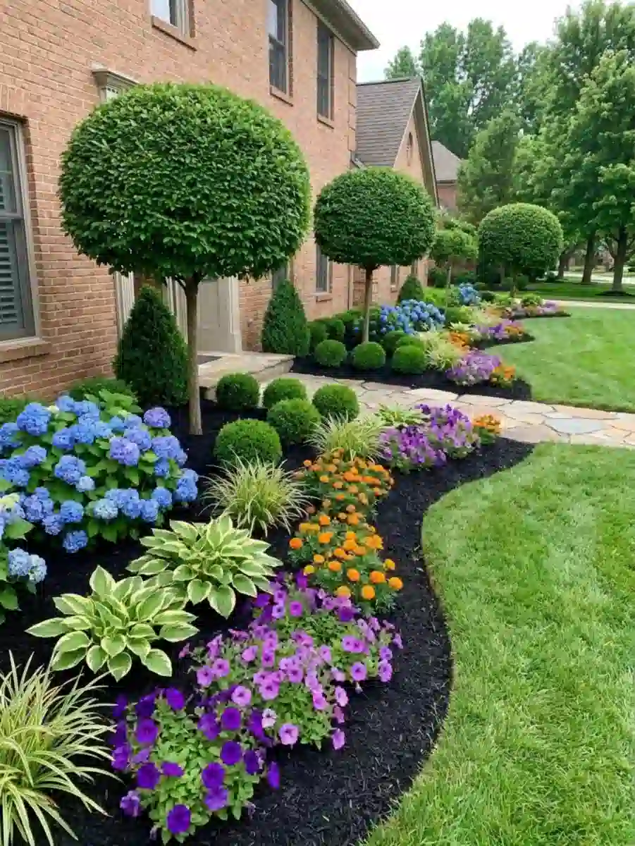 Rounded green shrubs surrounded by purple, blue, and yellow flowers in a layered garden bed.