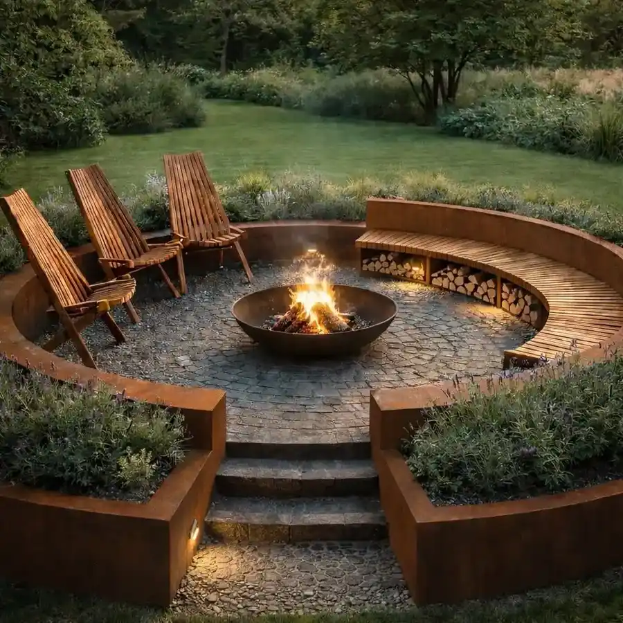 Sunken backyard fire pit surrounded by curved stone seating, steps, and garden plants