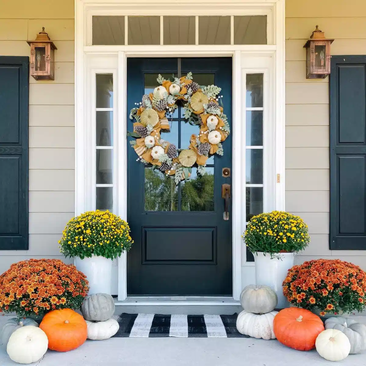 Fall farmhouse porch with a blue front door, orange mums, pumpkins, and a black and white striped doormat