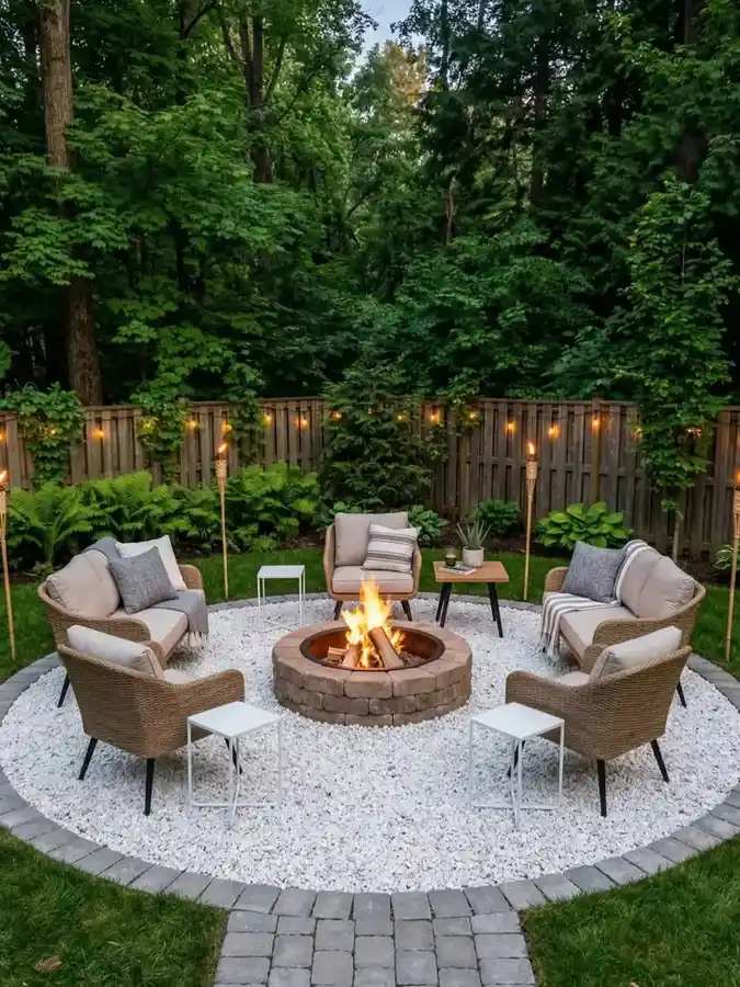 Simple backyard fire pit in a wooded garden clearing surrounded by outdoor lounge chairs and trees