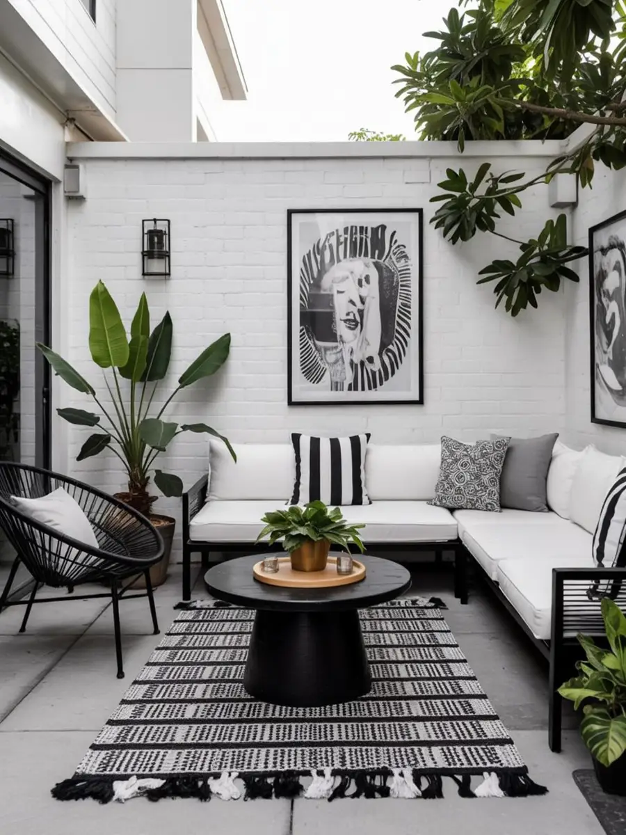 Small black-and-white patio with white brick wall, black metal furniture, striped rug, and green potted plant