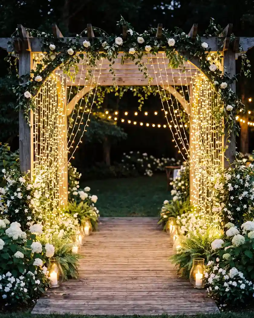 Outdoor arch decorated with warm string lights and pale flowers along a garden walkway