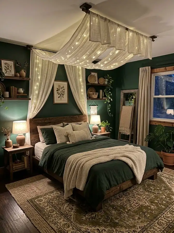Dark green boho bedroom with cream fabric draped across the ceiling, warm string lights, wood bed, green bedding, plants, and woven decor
