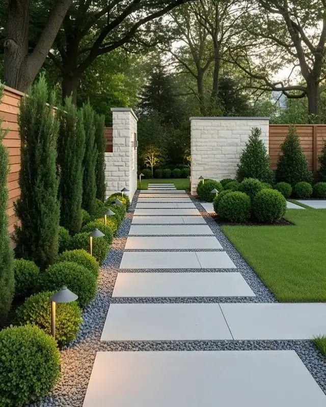 Garden walkway with large rectangular stepping slabs bordered by rounded shrubs