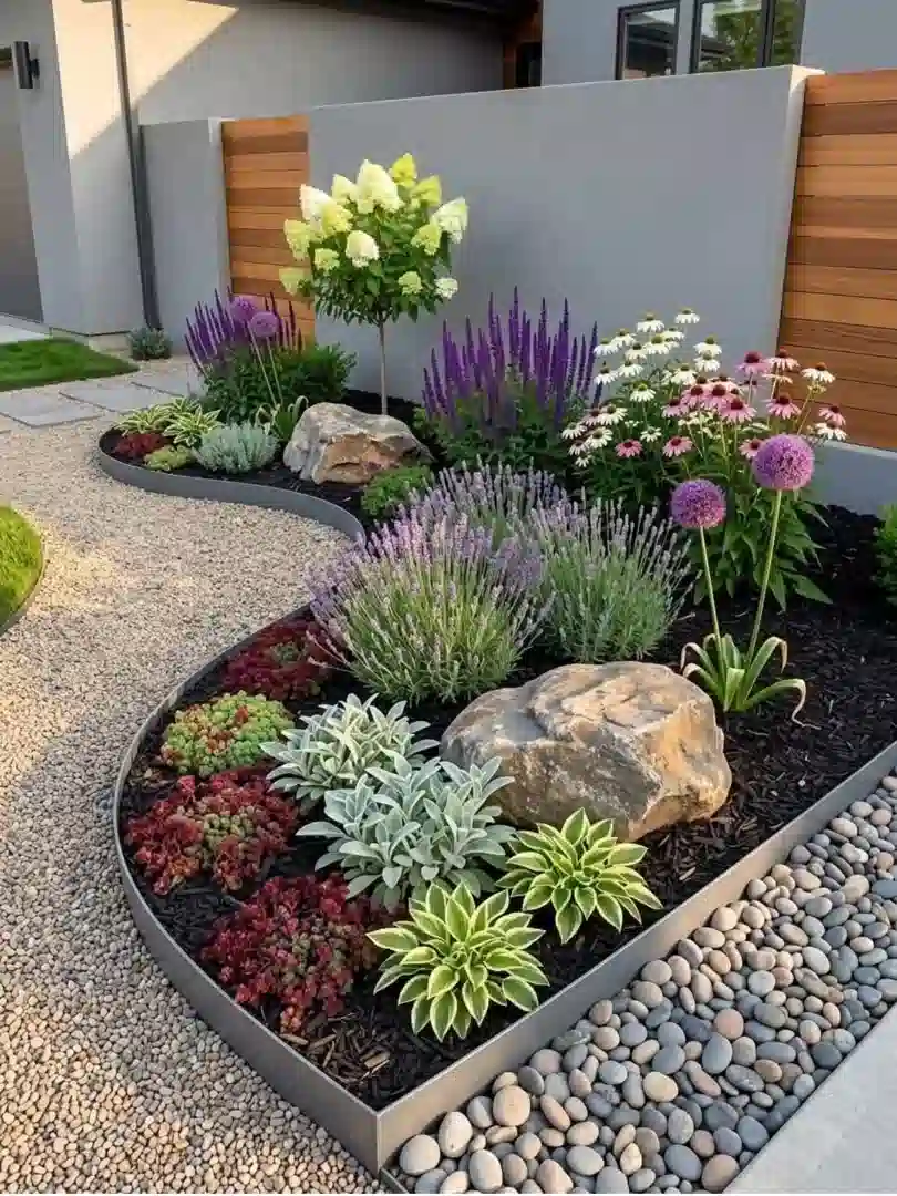 Small gravel garden with succulents, ornamental grasses, low plants, and large decorative rocks.