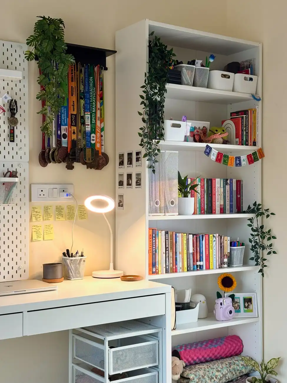 Dorm desk beside a tall bookcase with books, storage bins, plants, and organized supplies