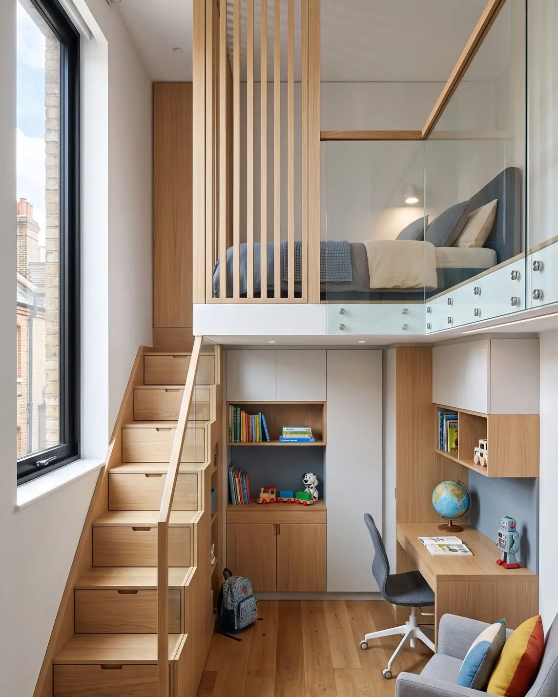 Kids loft bedroom with storage drawers in the stairs, raised bed, desk, and wall shelving
