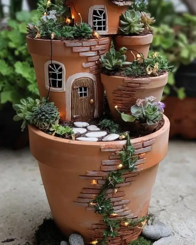 Tall terracotta planter transformed into a multi-level fairy garden with miniature houses and plants