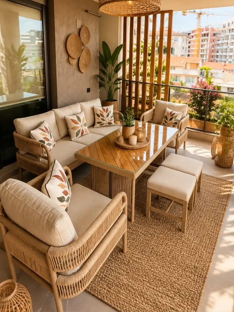 Natural woven-look outdoor rug with earthy colors beneath wooden furniture and cream upholstery in an enclosed patio.