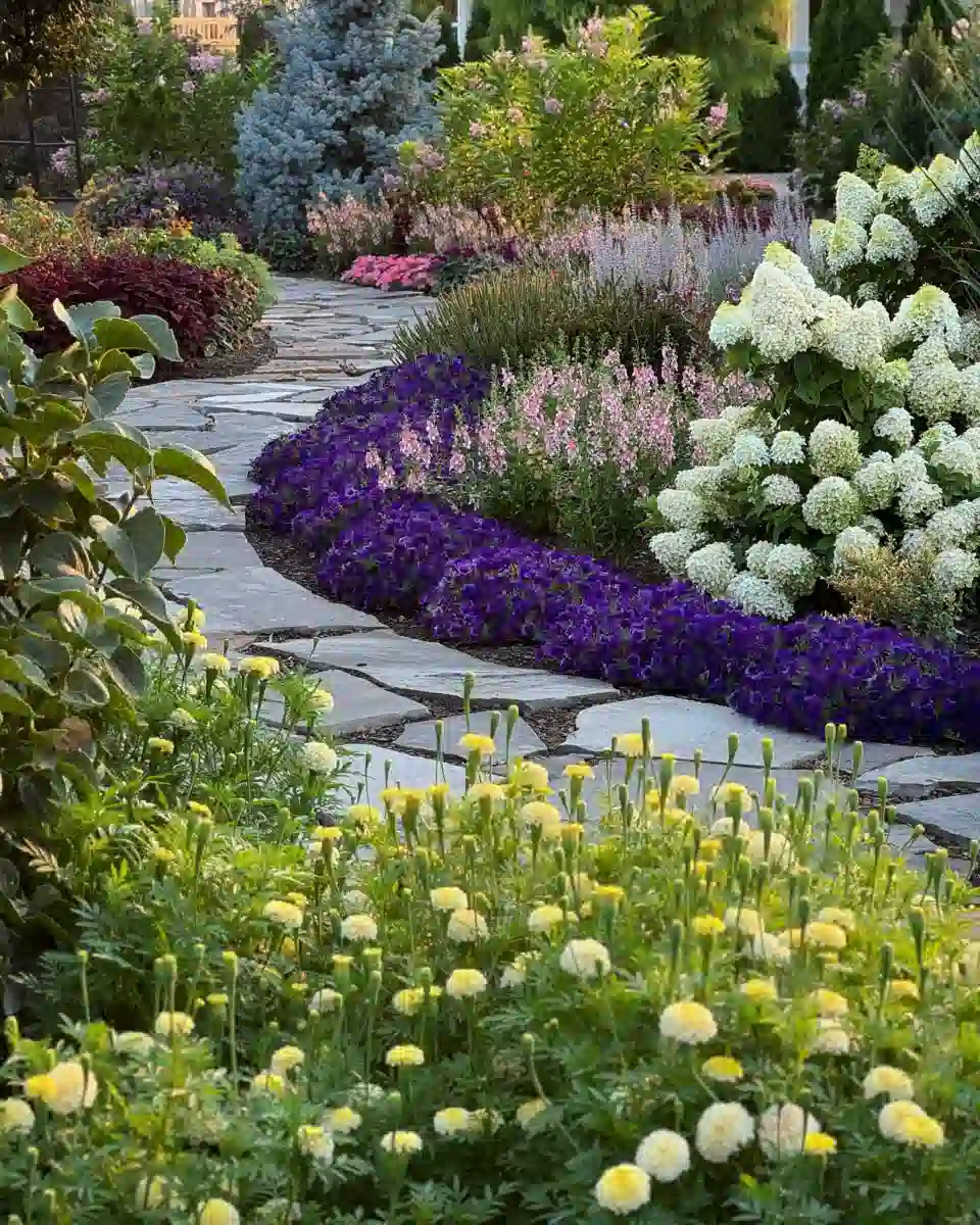 Front yard flower bed with overlapping purple, white, pink, and yellow blooms arranged in curved bands.