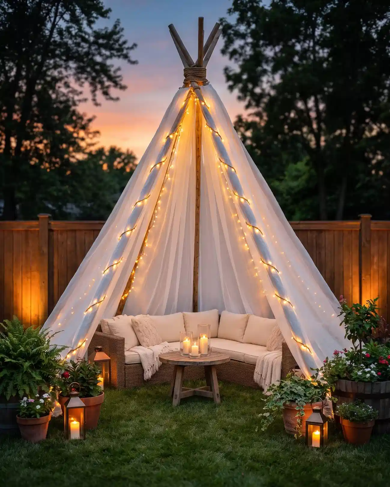 Backyard teepee with outdoor string lights along the frame and cushions inside