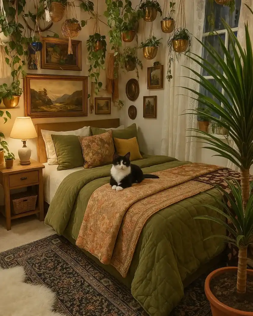 Boho bedroom with hanging plants in woven and brass planters, olive bedding, vintage landscape art, leafy greenery, and warm lighting