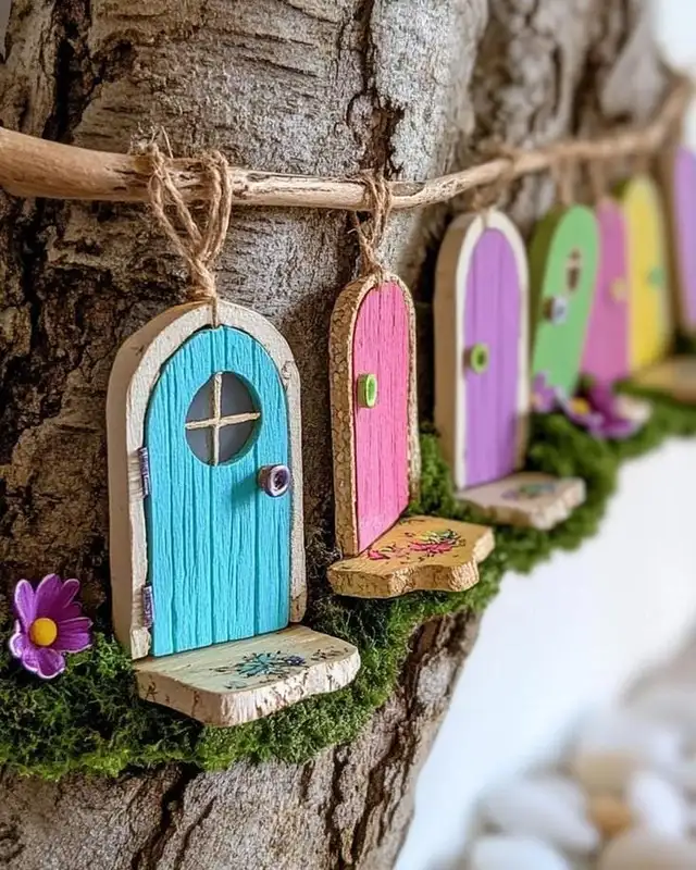 Colorful miniature fairy doors attached to a tree trunk with tiny steps and flowers