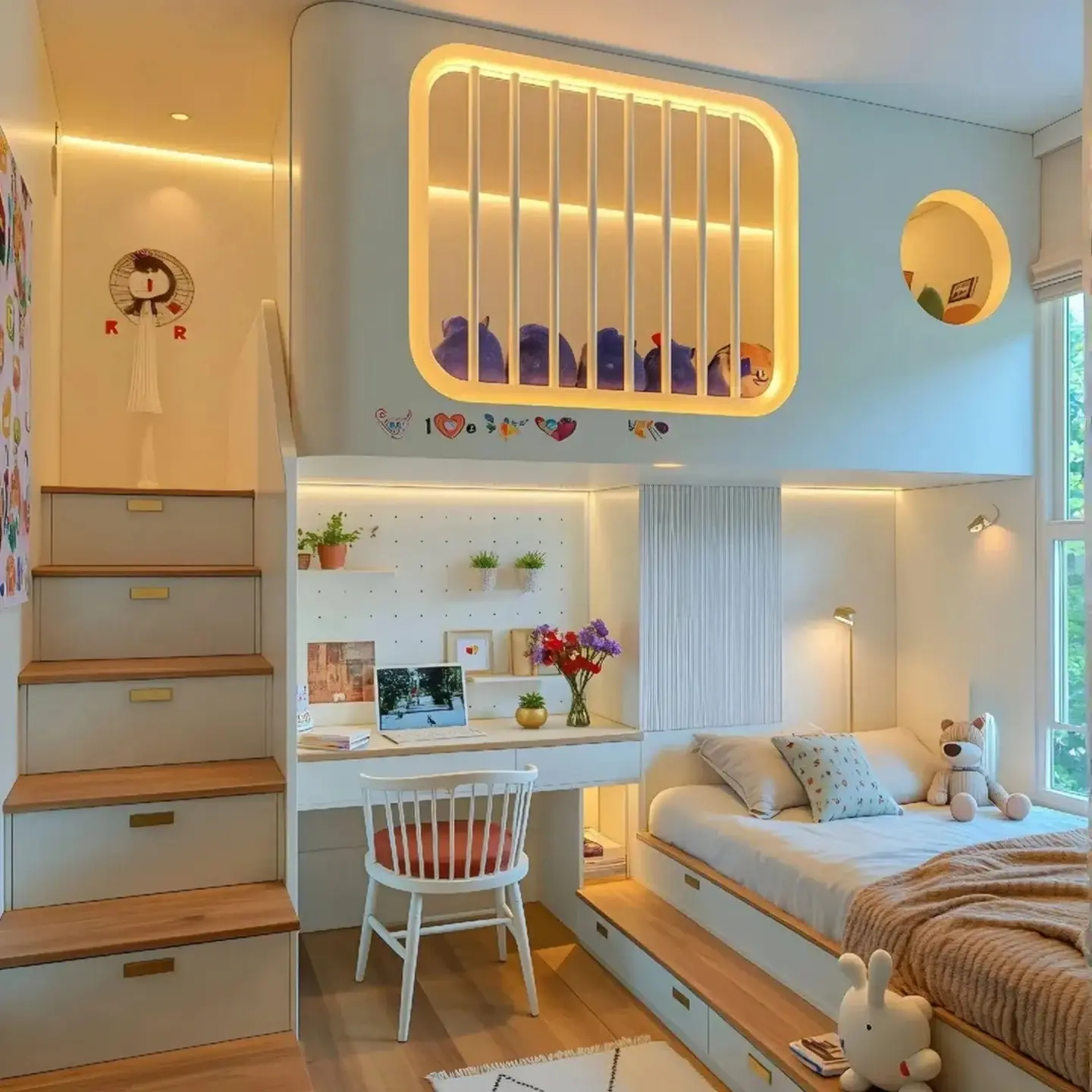 Compact kids bedroom with raised sleeping nook, desk, lower bed, built-in stairs, and storage