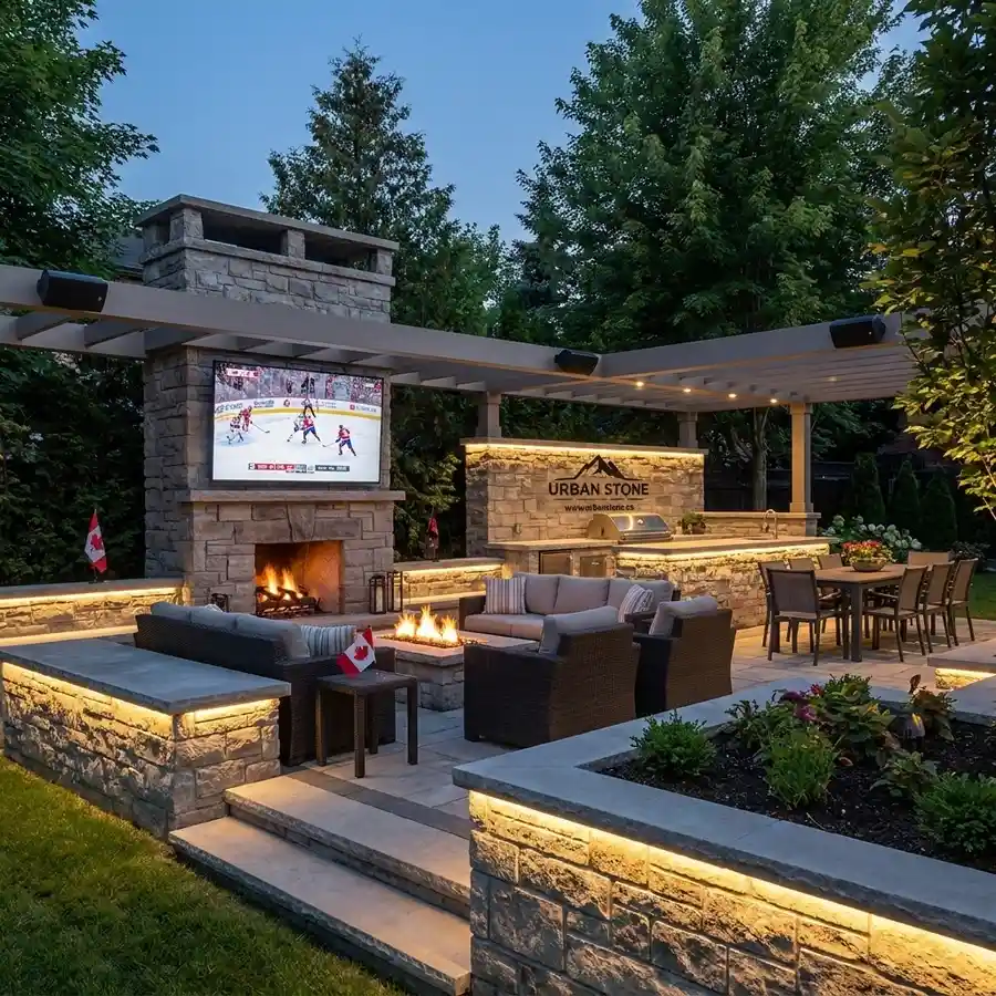 Large stone patio with outdoor kitchen, dining area, fireplace, separate fire pit, and pergola