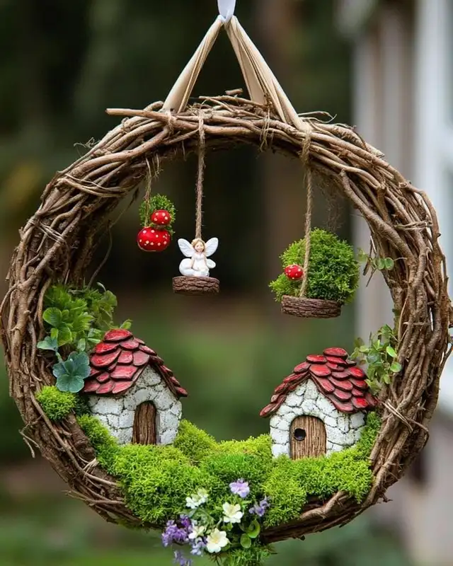 Hanging fairy garden arranged inside a woven twig wreath with tiny houses, flowers, mushrooms, and greenery
