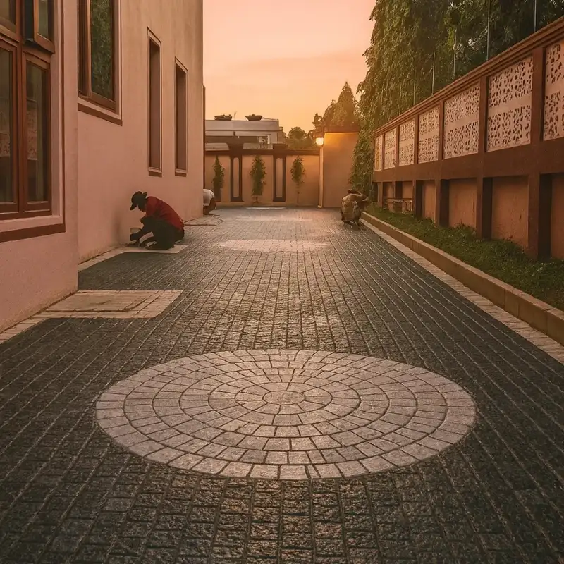 Brick-paved driveway with a circular decorative paver pattern in the center