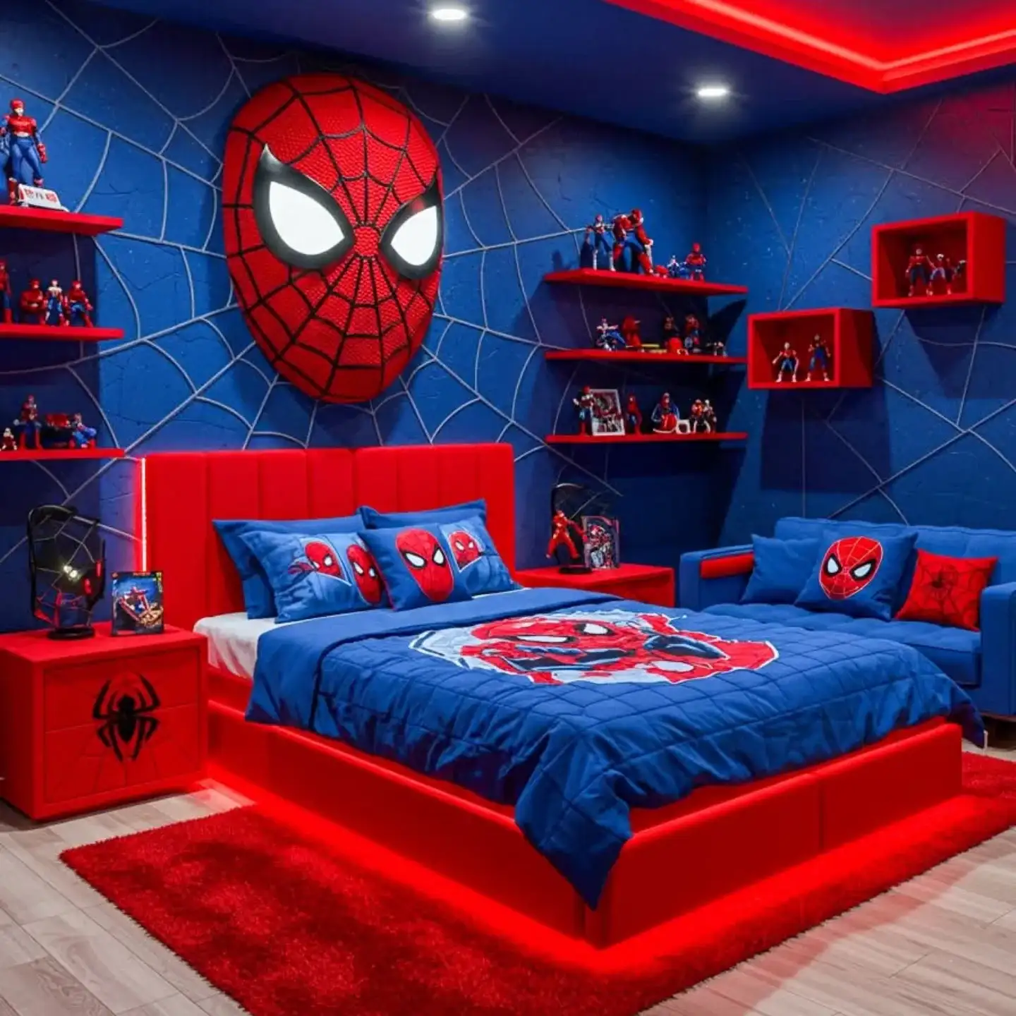 Blue superhero kids bedroom with Spider-Man bedding, red shelves, and large themed wall feature