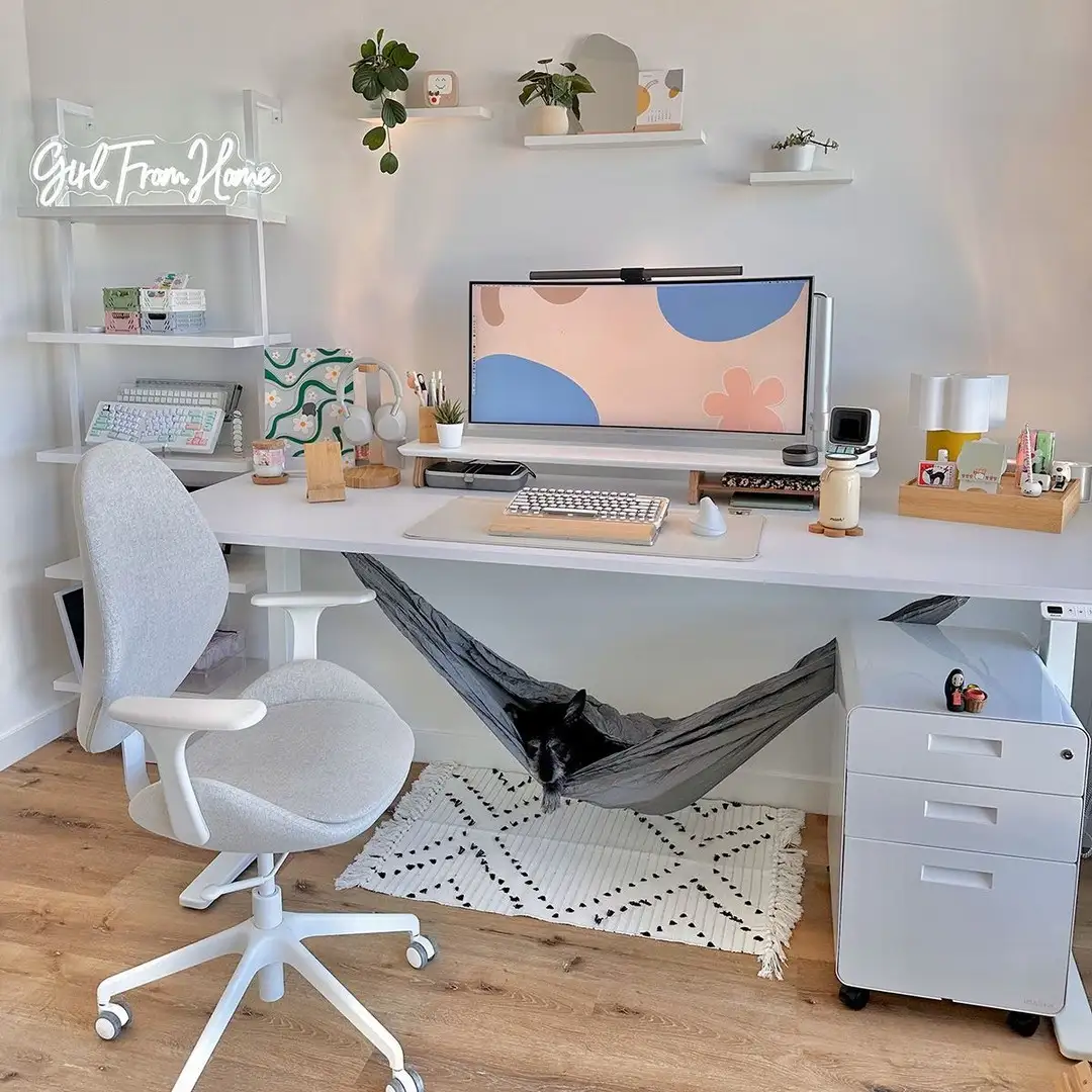 Wide dorm desk with computer setup, drawers, floating shelves, open surface, and foot support