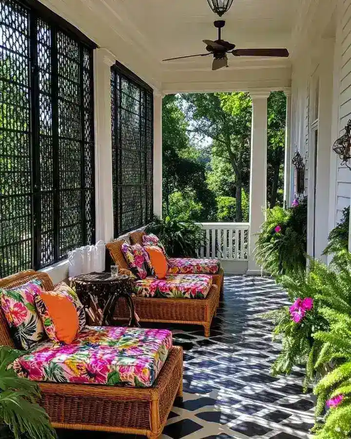 Screened porch with dark framing, colorful orange and pink cushions, dark patterned floor, and greenery.