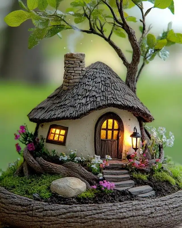 Tiny cozy fairy cottage surrounded by stones, low greenery, and miniature garden details