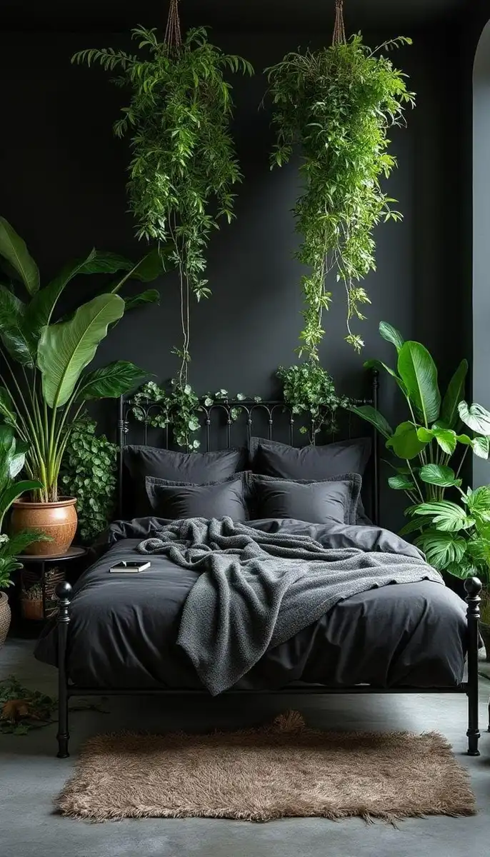 Black boho bedroom with black walls and bedding, large green floor plants, hanging vines, metal bed frame, and lush greenery