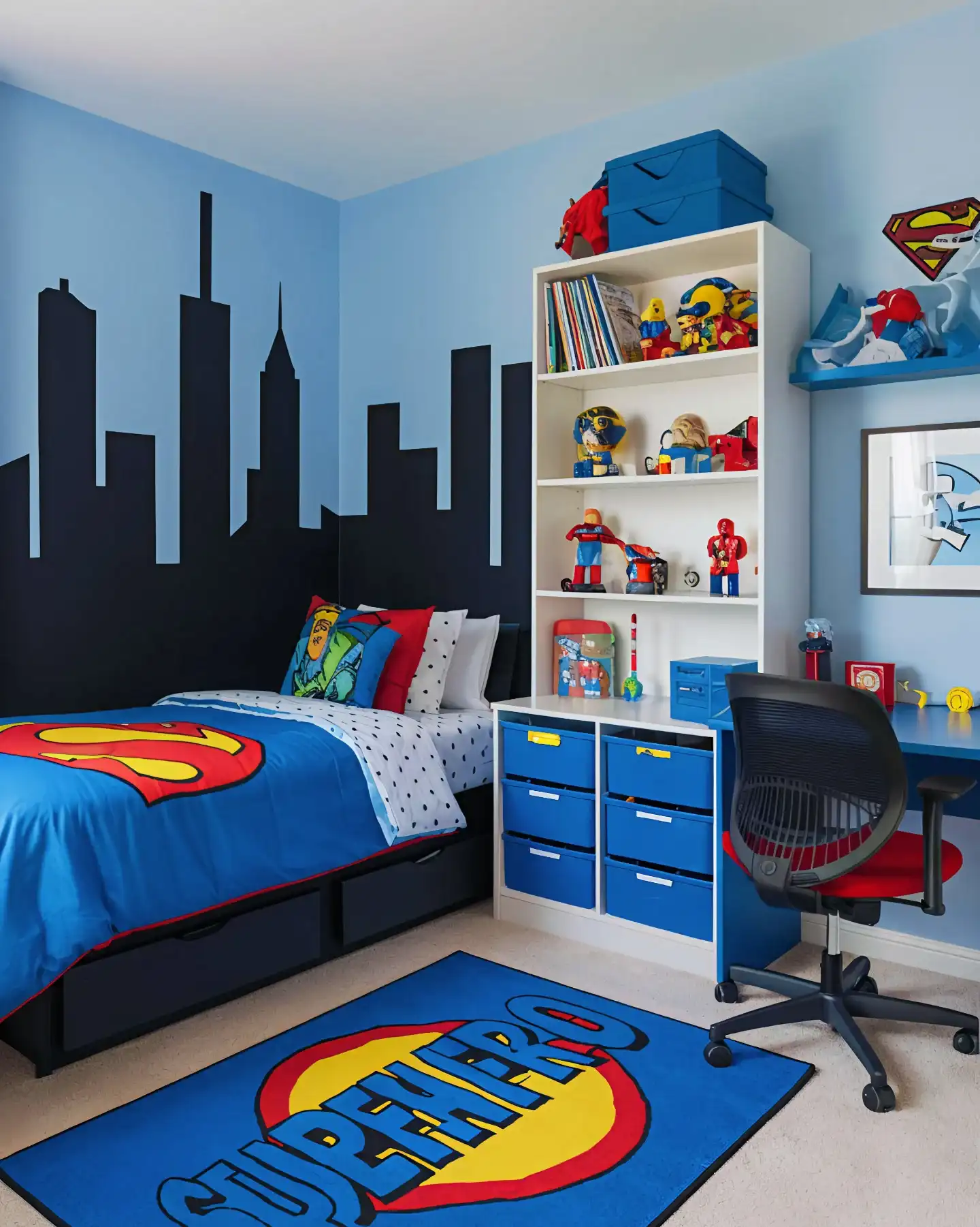 Small kids bedroom with single bed, tall storage wall, desk, toy bins, and under-bed drawers