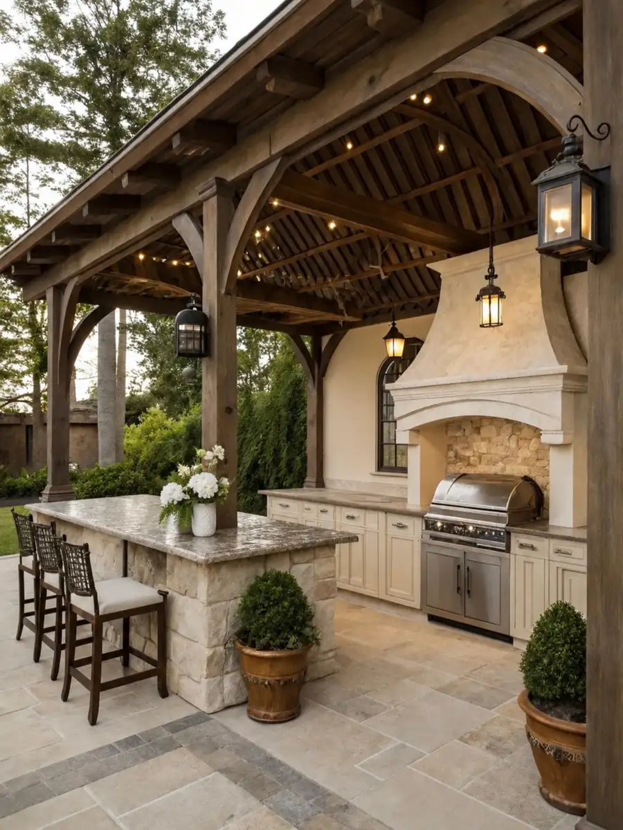 Rustic outdoor kitchen with cream cabinets, stone countertops, built-in grill, timber roof, and bar stools