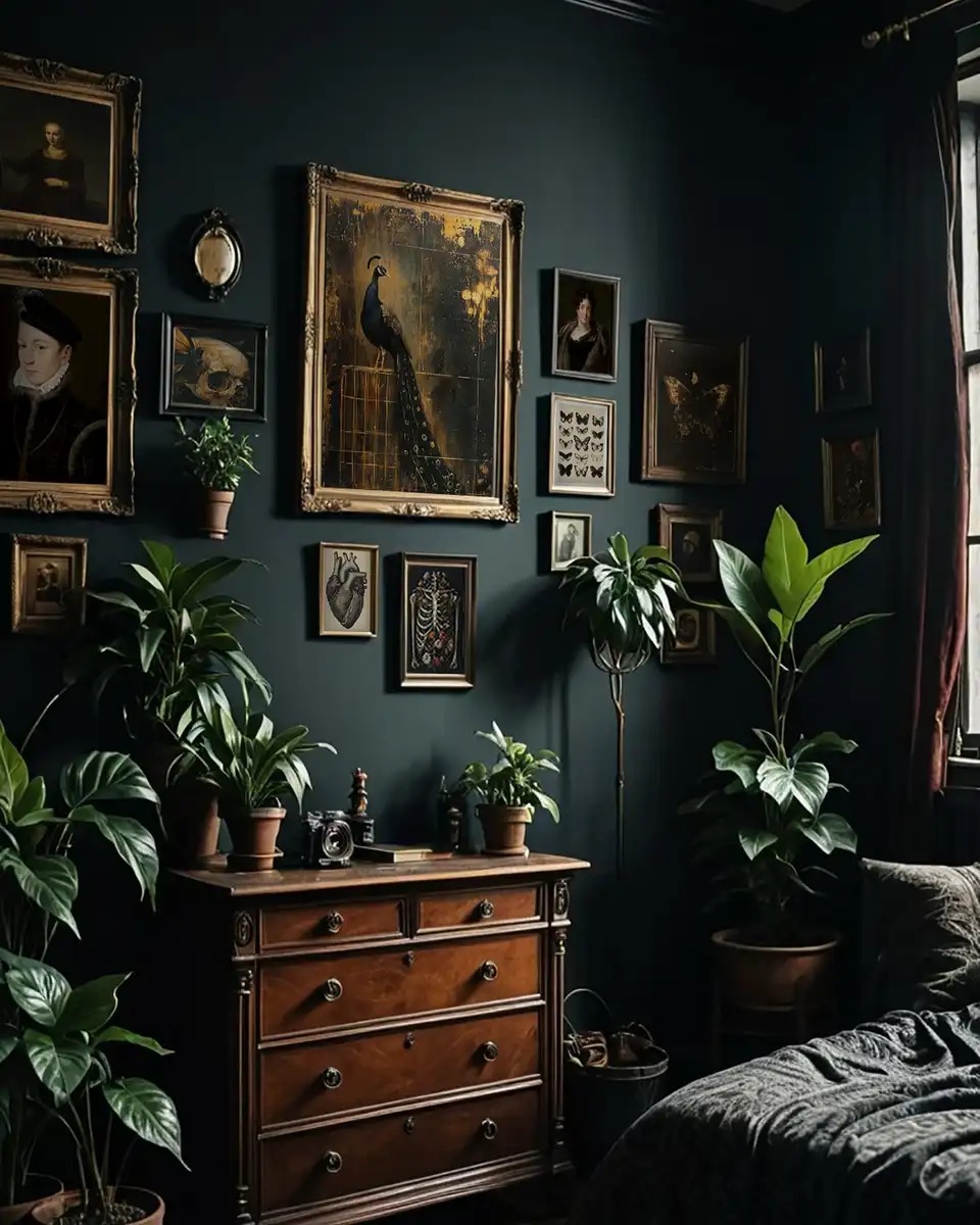 Dark boho bedroom with an uneven vintage gallery wall, large peacock artwork, warm wood dresser, black bedding, and leafy plants