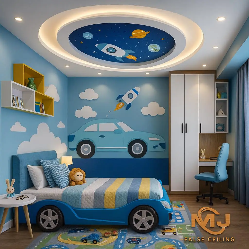 Car-themed kids bedroom with race car bed, car wall mural, wardrobe, and simple desk