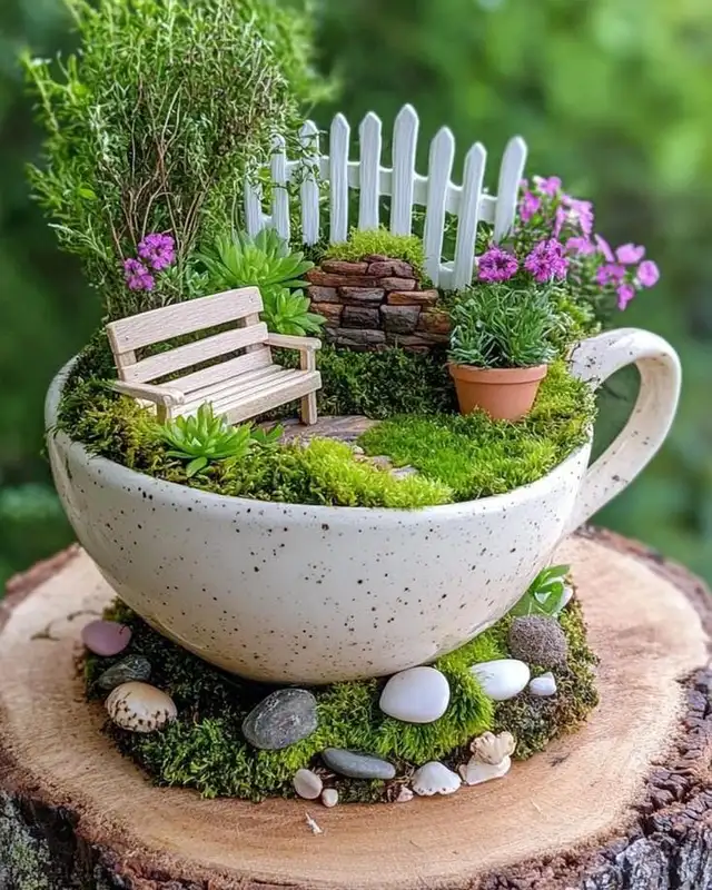 Miniature fairy garden arranged inside a teacup with a tiny bench, fence, flowers, and greenery