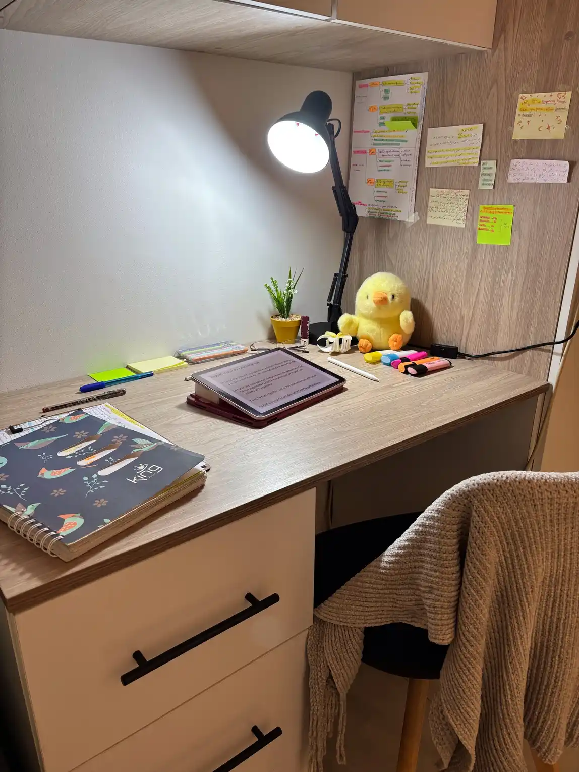 Minimal built-in dorm desk with task lamp, wall notes, small plant, and clear work surface