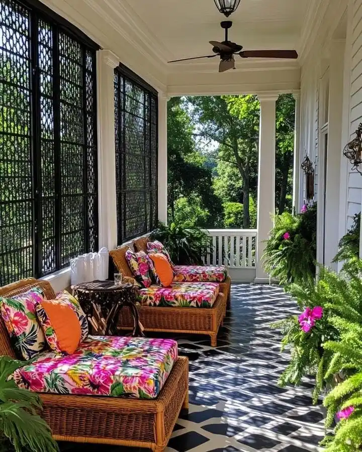 Covered porch with colorful wicker chairs, floral cushions, orange pillows, side tables, and greenery