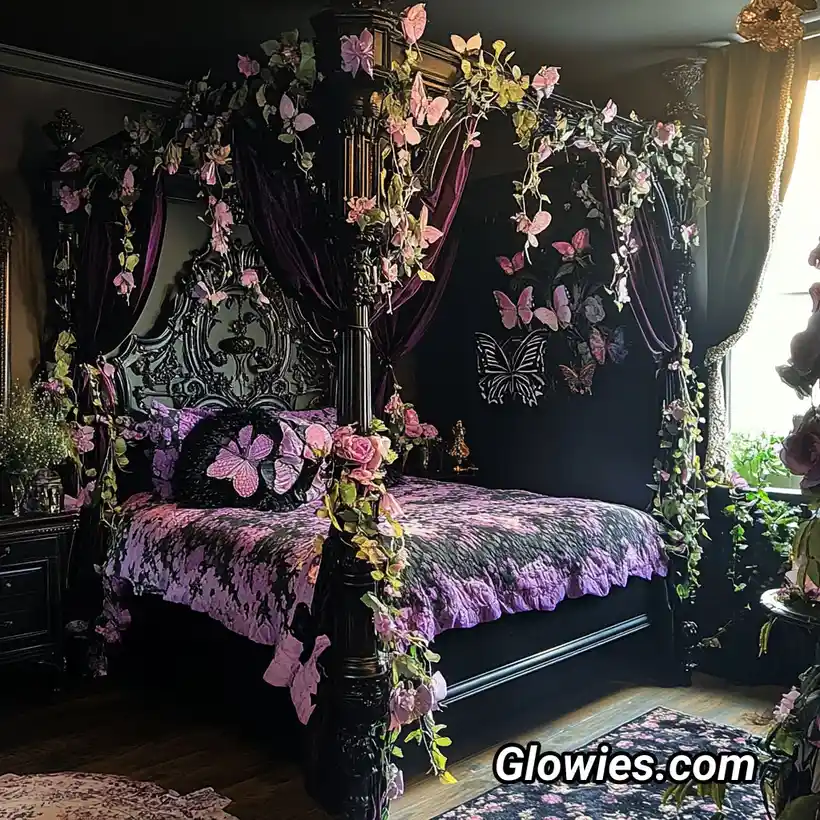 Gothic boho bedroom with carved black bed, black walls, plum bedding, pink flowers, trailing vines, butterflies, and dark romantic decor