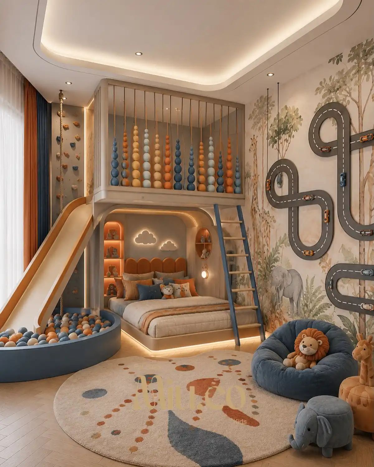 Kids bedroom with bed beneath a raised play platform, slide, climbing wall, rope, and ball pit