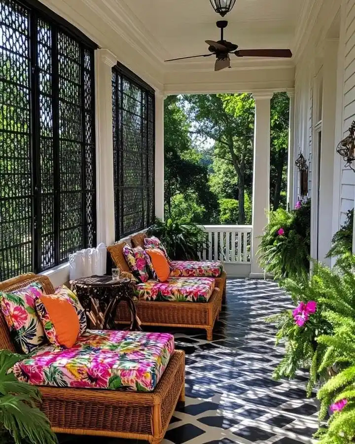 White porch with wicker loungers, colorful tropical floral cushions, orange pillows, black-and-white patterned flooring, and ferns