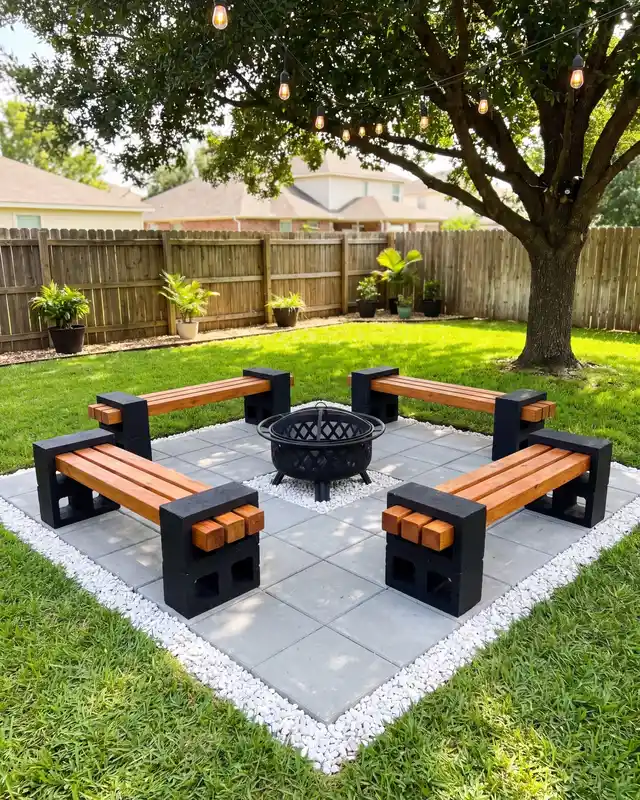Small square backyard fire pit surrounded by four wooden chairs on a paved patio