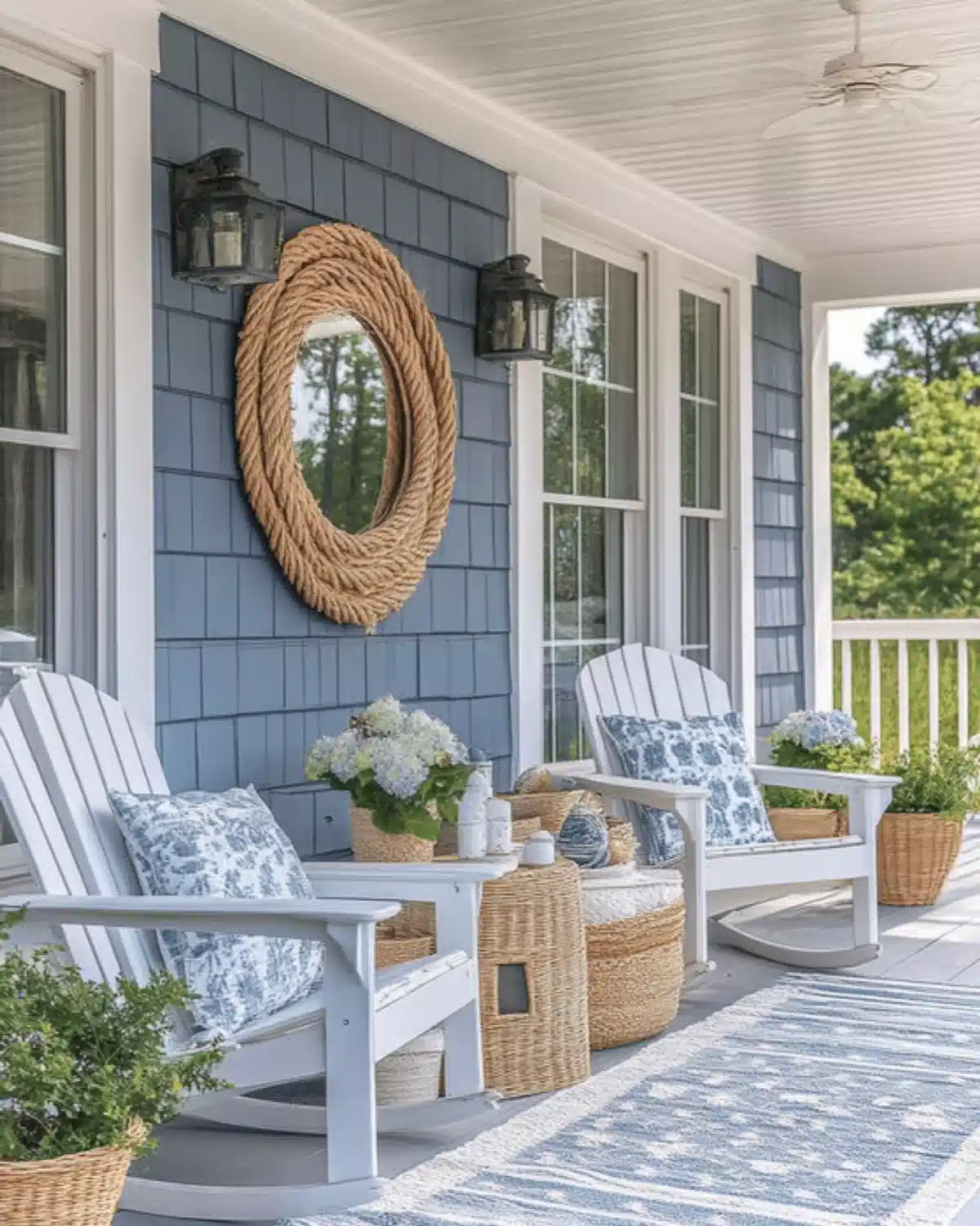 Blue gray farmhouse porch with white seating and round woven wall decor