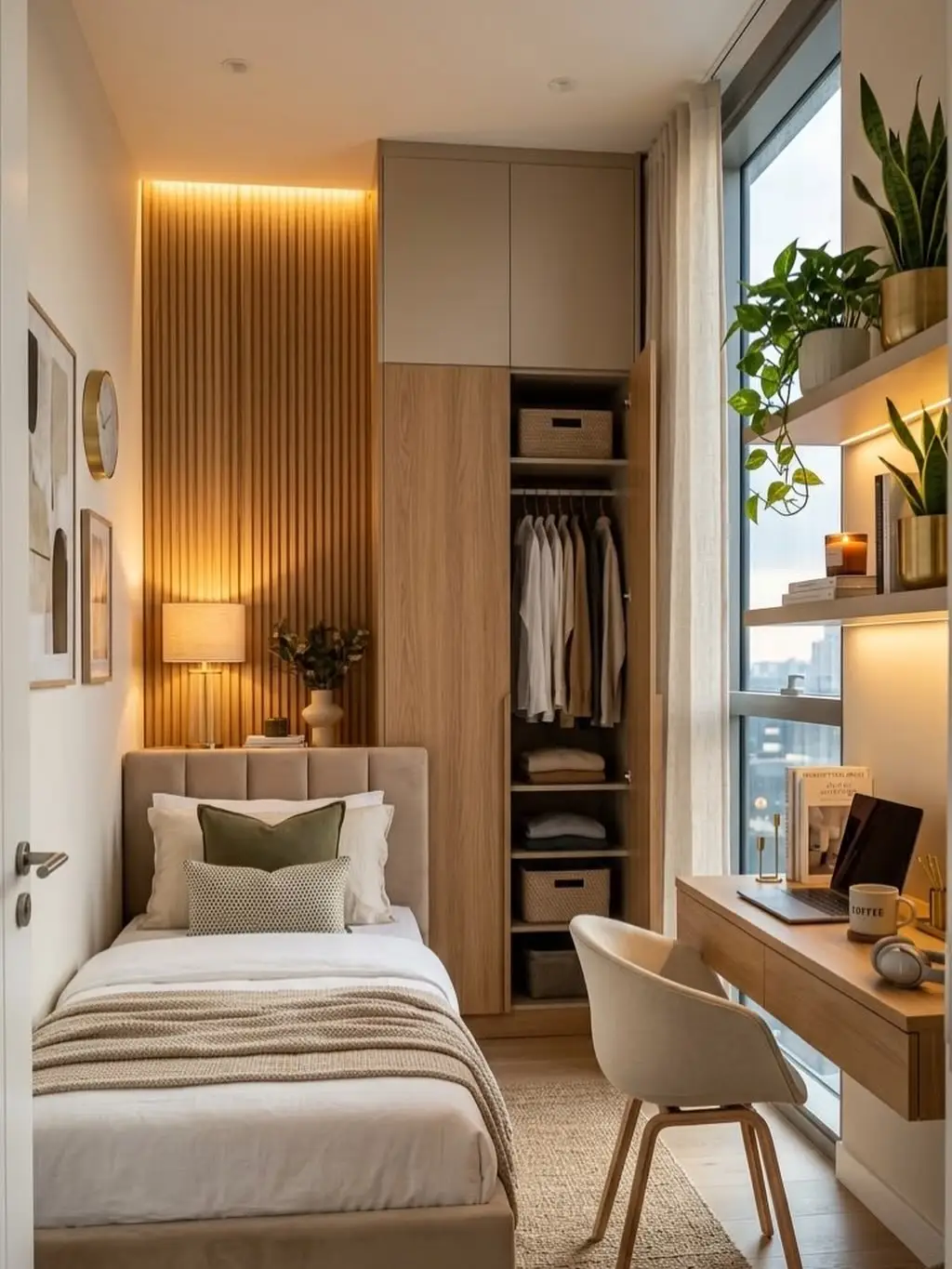 Narrow bedroom with bed, tall wardrobe and compact desk arranged along one wall